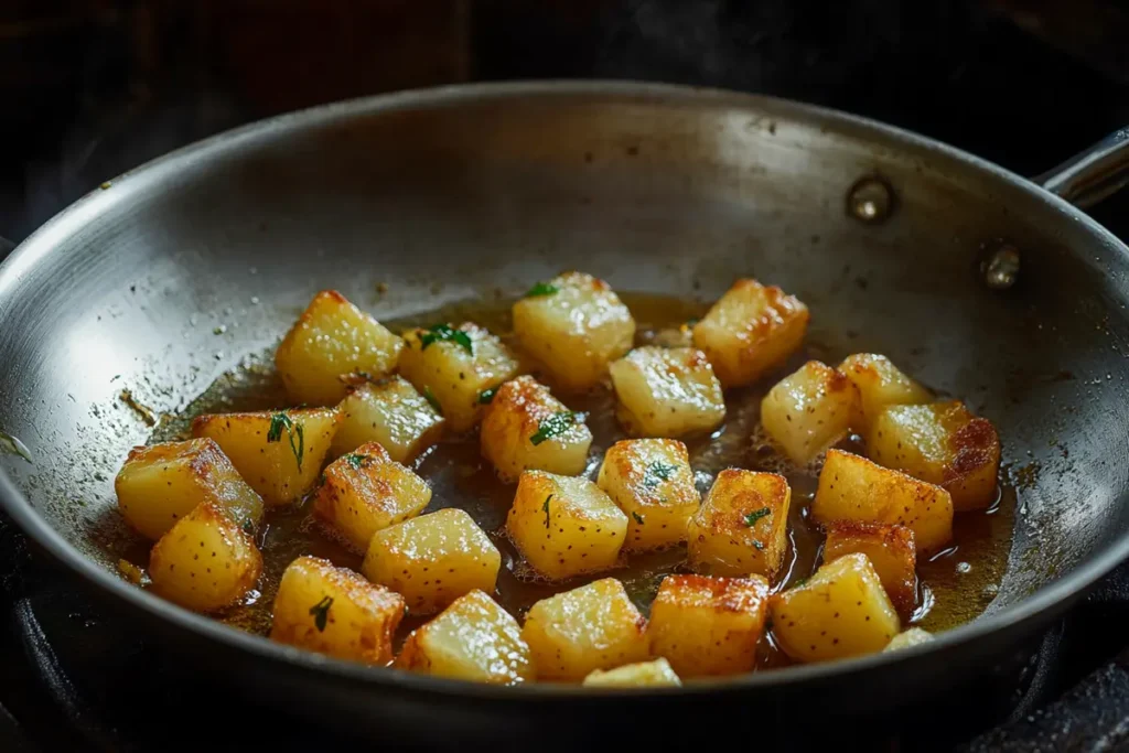 Pre-boiled potato cubes sizzling in a stainless steel pan with a golden crust forming, showing the key technique for perfect pan frying.