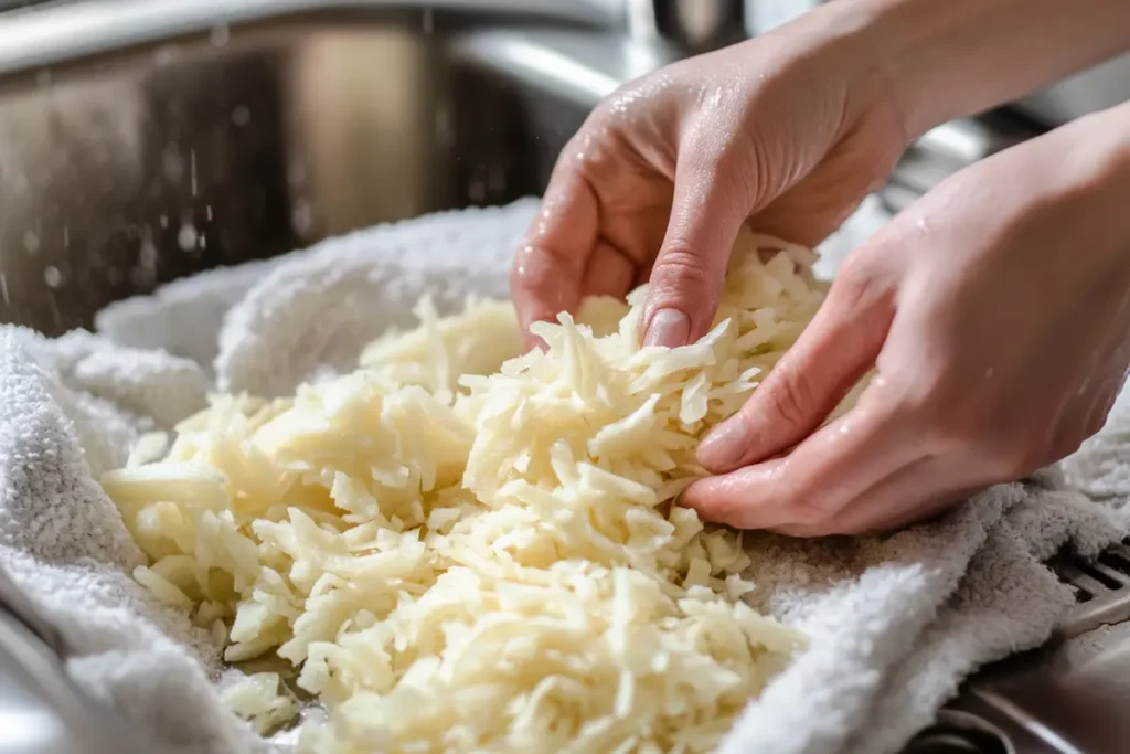 Hands squeezing shredded potatoes in a kitchen towel over a sink to remove excess moisture before air frying.