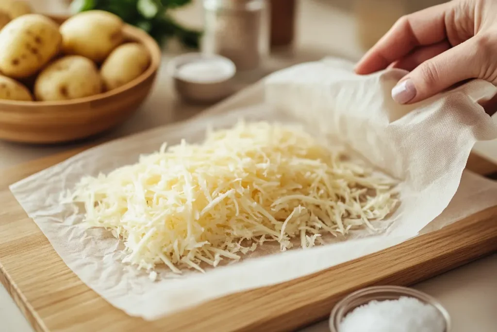 Uncooked shredded hash browns being dried with a paper towel on a wooden cutting board, next to a bowl of grated potatoes and salt.