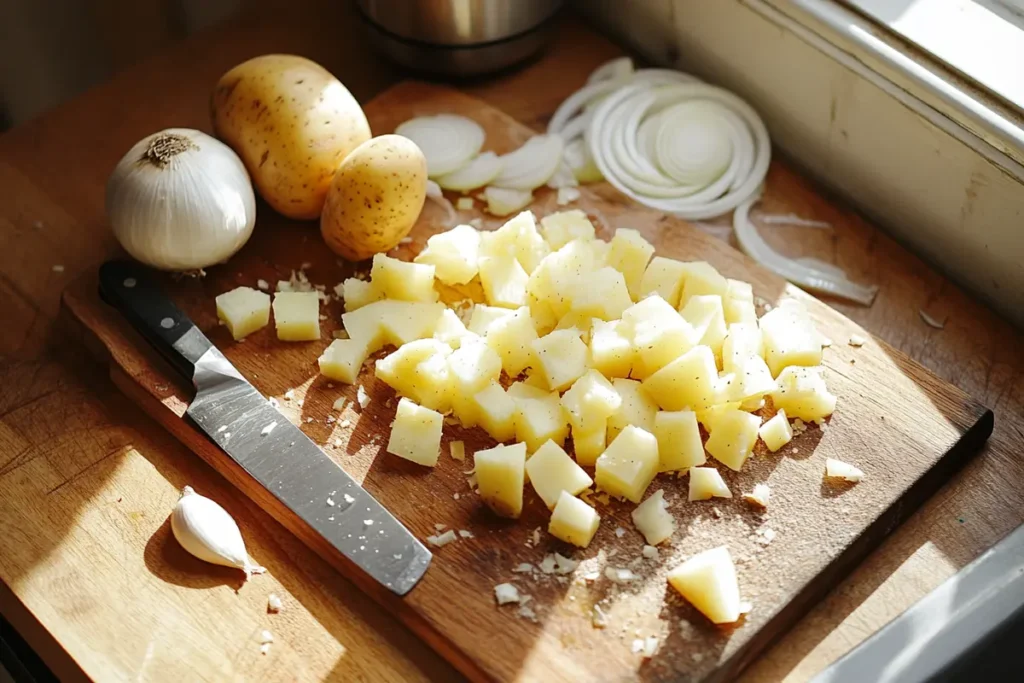 Peeled and cubed potatoes alongside minced garlic and sliced onions on a wooden cutting board, lit naturally in a home kitchen.