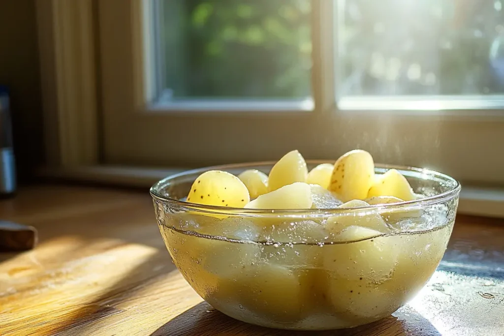 Sliced raw potatoes soaking in a bowl of cold water, a preparation step to reduce starch and enhance frying results.