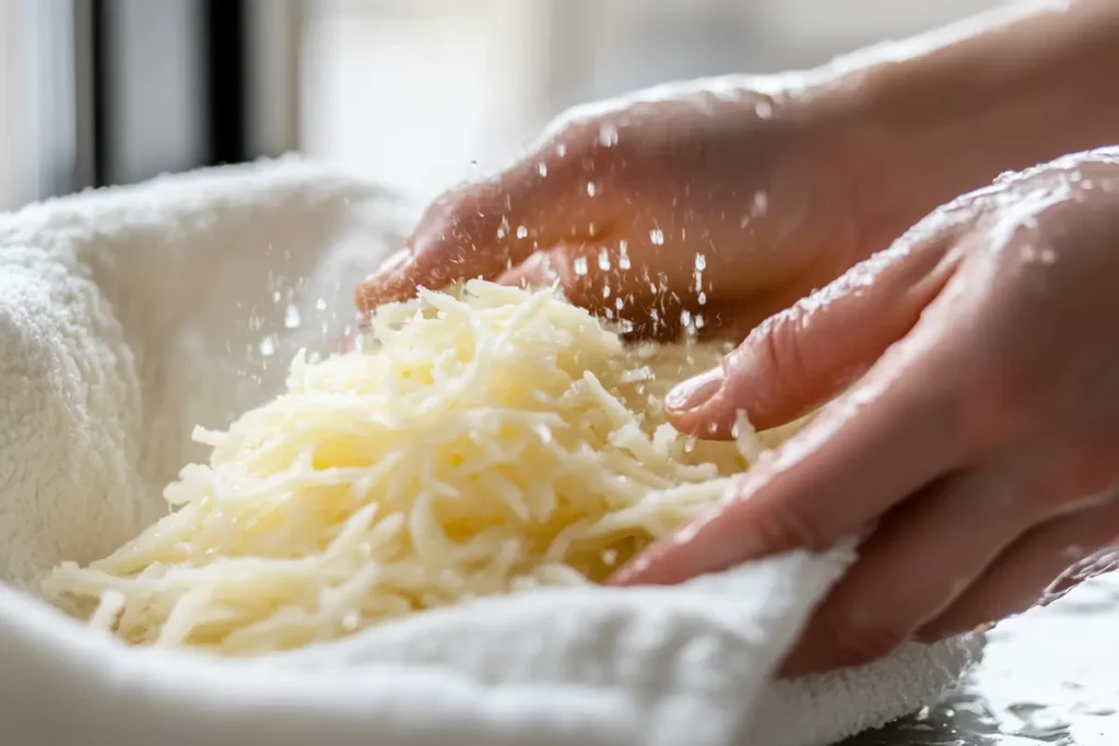 Hands squeezing grated potatoes in a white towel, removing moisture to ensure crispy hash browns during cooking.