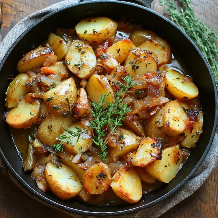 Rustic smothered potatoes served in a cast iron skillet, featuring tender potato slices, caramelized onions, and a light golden sauce, garnished with fresh parsley on a wooden farmhouse table.