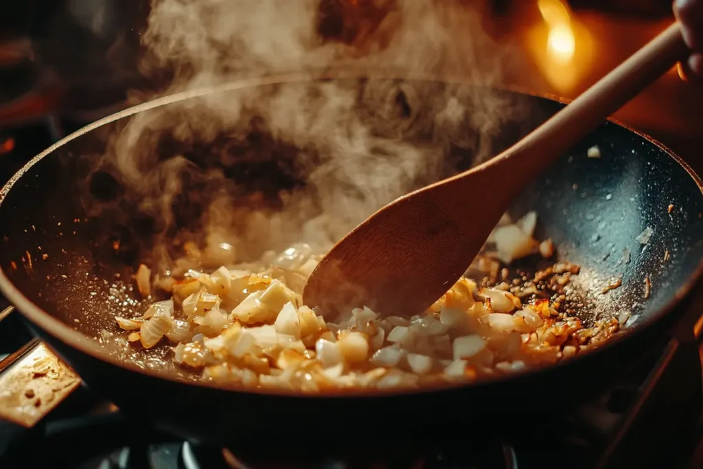 Onions and garlic being sautéed in butter in a skillet, with steam rising and a wooden spoon stirring the ingredients.