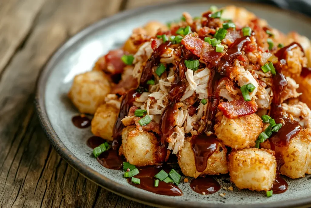 Crispy tater tots topped with seasoned ground beef, crumbled bacon, and BBQ sauce, adding a hearty touch to a tater tot bar.