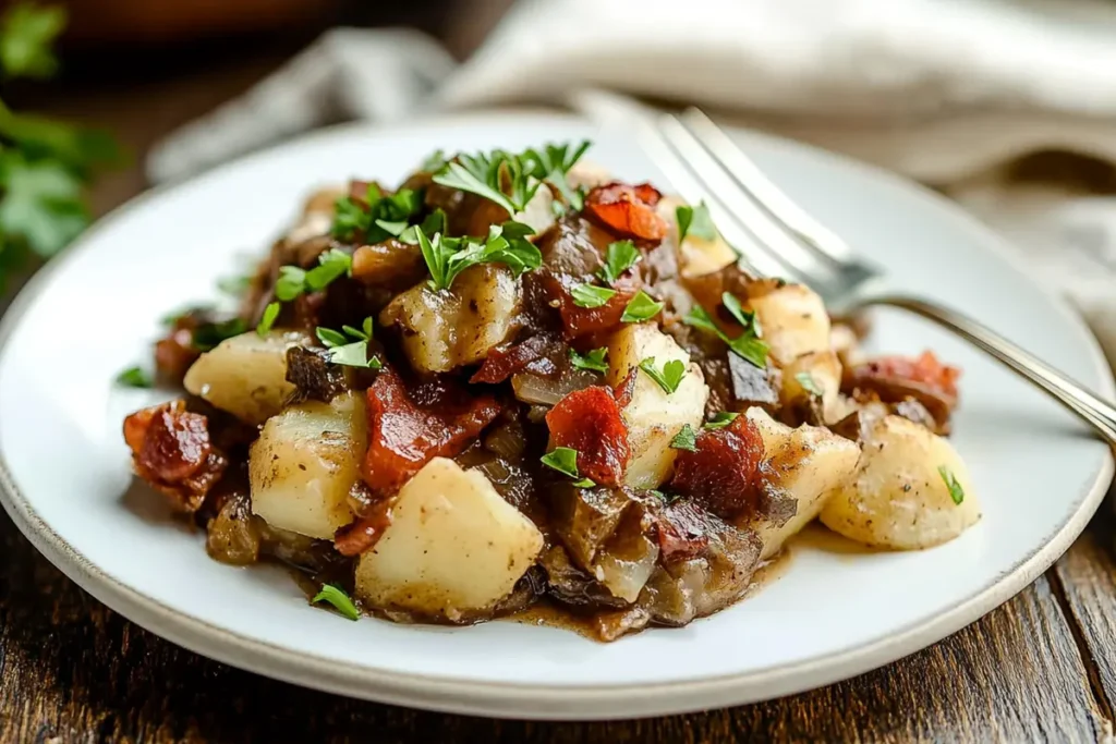 A plate of smothered potatoes garnished with parsley, served on a wooden table with a linen napkin and fork for a rustic presentation.