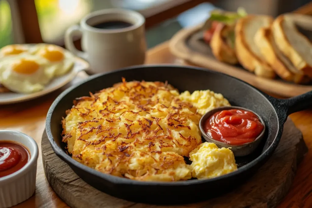 A cast-iron skillet with golden hash browns, surrounded by scrambled eggs, toast, and a bowl of ketchup, showcasing a breakfast pairing.