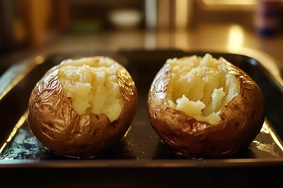 A raw russet potato next to a pre-boiled one on a wooden cutting board, highlighting differences in texture before baking.