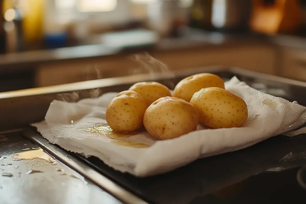 Should you boil potatoes before baking? Here, pre-boiled potatoes are drying on paper towels to ensure crispy results in the oven.