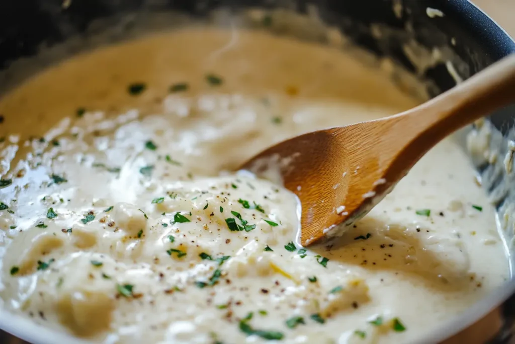 Garlic Parmesan sauce cooking in a stainless-steel pan, with a wooden spoon stirring the creamy mixture on a stovetop.