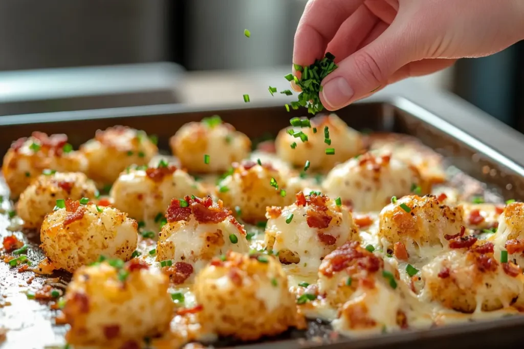 Freshly baked tater tots on a sheet pan topped with melted cheese, bacon, and chives, with a hand adding final garnishes in a home kitchen.