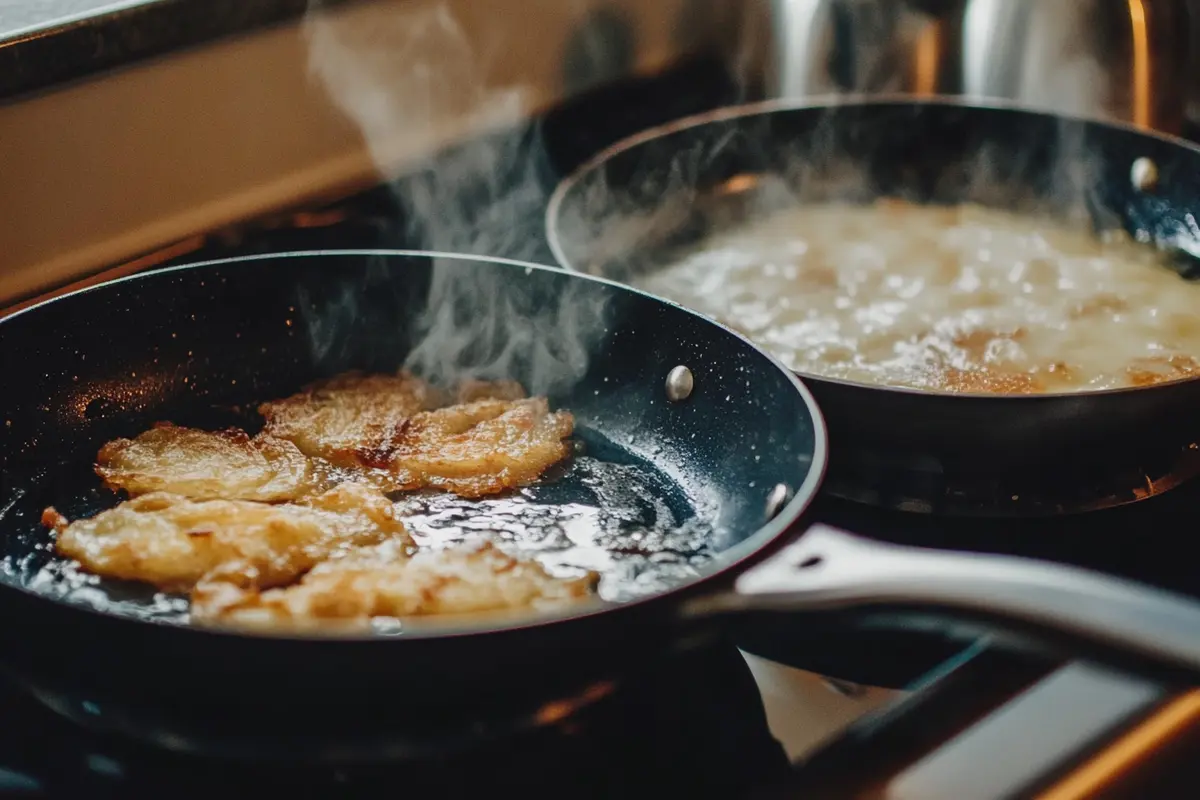 Close-up of hash browns in a pan, showing the difference between cooking with butter and oil