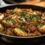 A close-up of smothered potatoes in a cast-iron skillet, garnished with herbs and steaming hot, showcasing the traditional cooking method.