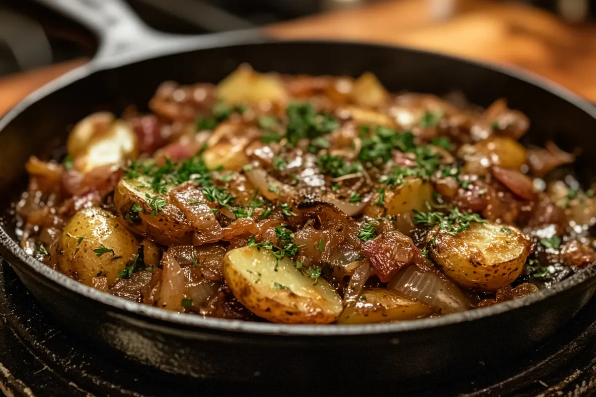 A close-up of smothered potatoes in a cast-iron skillet, garnished with herbs and steaming hot, showcasing the traditional cooking method.