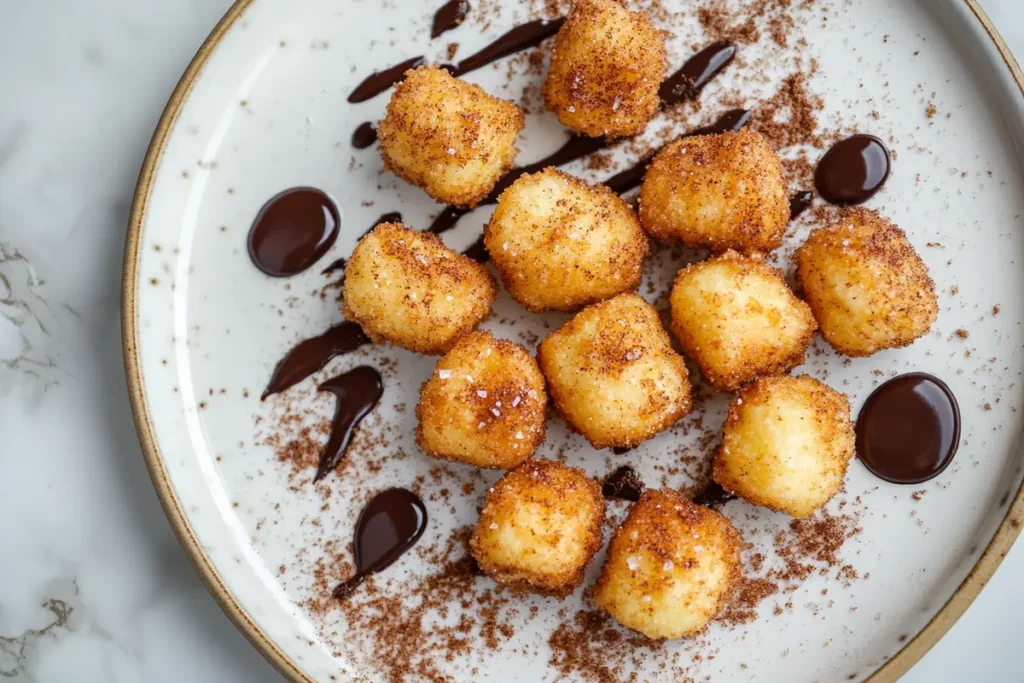 Tater tots coated in cinnamon sugar, paired with a drizzle of melted chocolate, showcasing a unique dessert option for the query What are the best toppings for tater tots