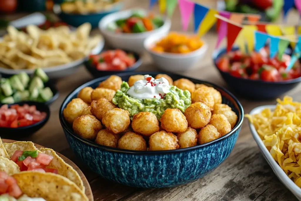 A taco-themed tater tot bar with guacamole, salsa, shredded lettuce, and diced tomatoes, perfect for a festive gathering.