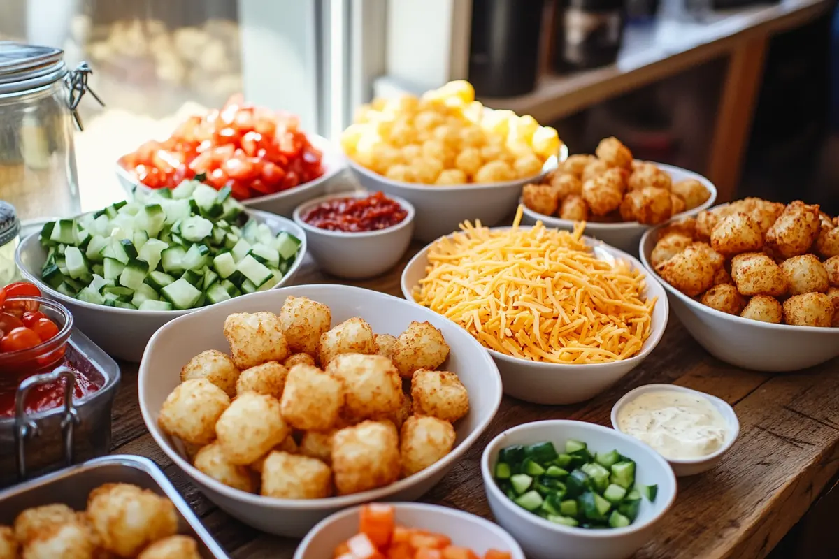 A visually appealing tater tot bar setup with golden crispy tater tots, assorted cheese, diced vegetables, and various sauces, perfect for any gathering.