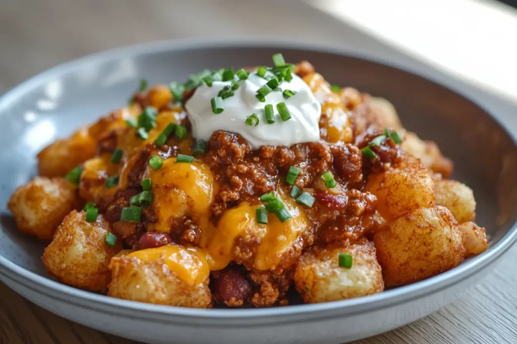 A close-up of tater tots topped with melted cheese, chili, and sour cream, sprinkled with fresh chives, showcasing the best toppings for tater tots in a natural light setting.