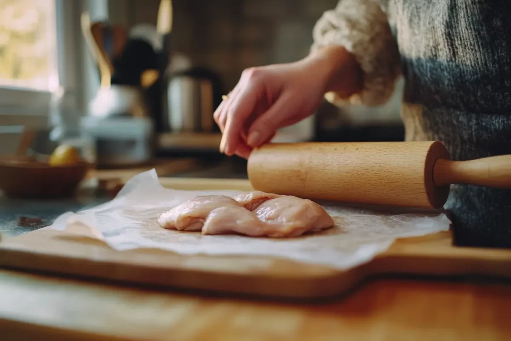 Close-up of hands using a rolling pin to flatten a chicken breast between parchment paper on a kitchen countertop, an alternative method for preparing chicken Parmesan.