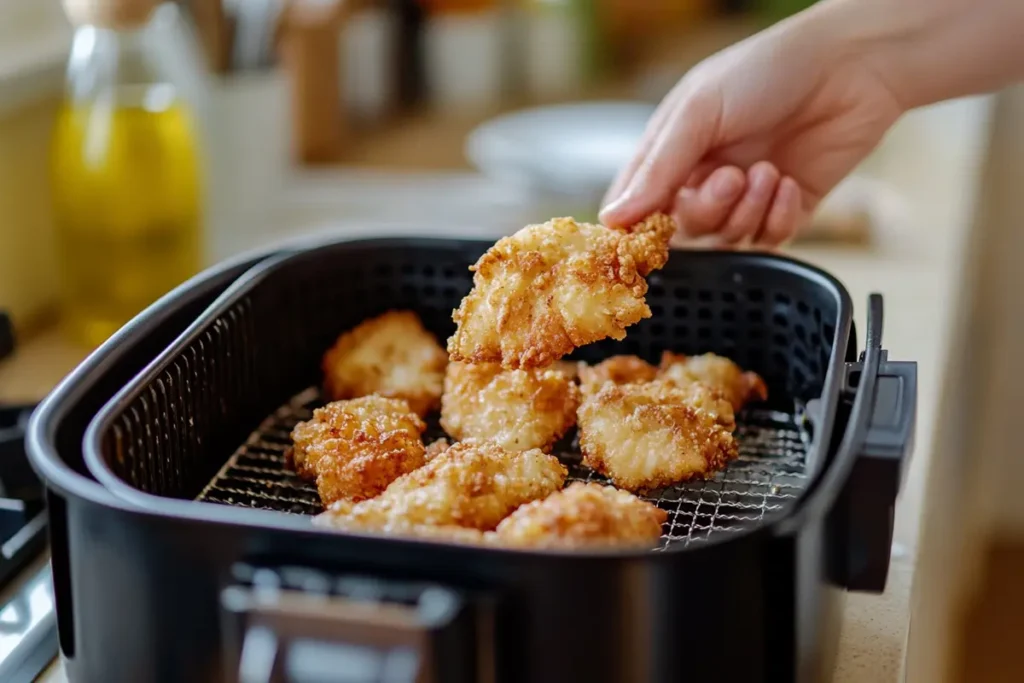 A home cook lifts an air fryer basket filled with crispy tempura chicken, showing a lighter and healthier alternative to deep-frying.