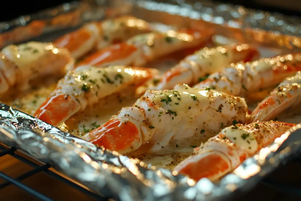 Oven-baked snow crab legs on a foil-lined tray, glistening with butter and herbs. The dry heat caramelizes the shells, enhancing their natural flavor.