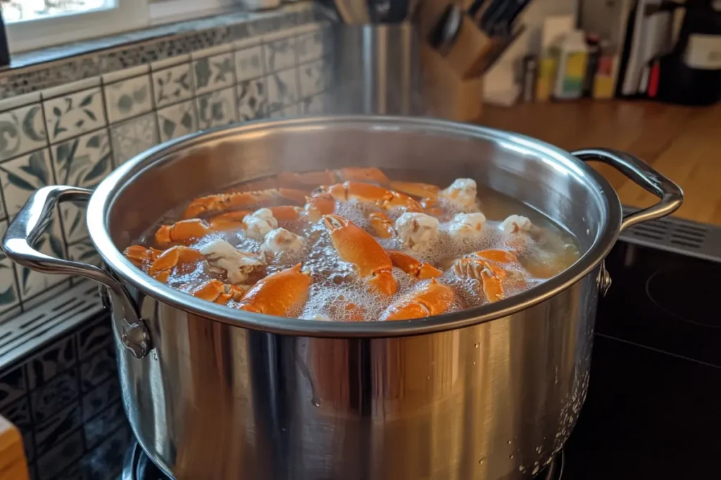 A pot of boiling water with frozen snow crab legs turning red-orange as steam rises. This classic method quickly heats the crab legs while keeping them juicy.