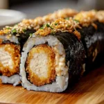 A close-up of a chicken tempura roll, showing crispy fried chicken wrapped in sushi rice and nori, drizzled with spicy mayo.