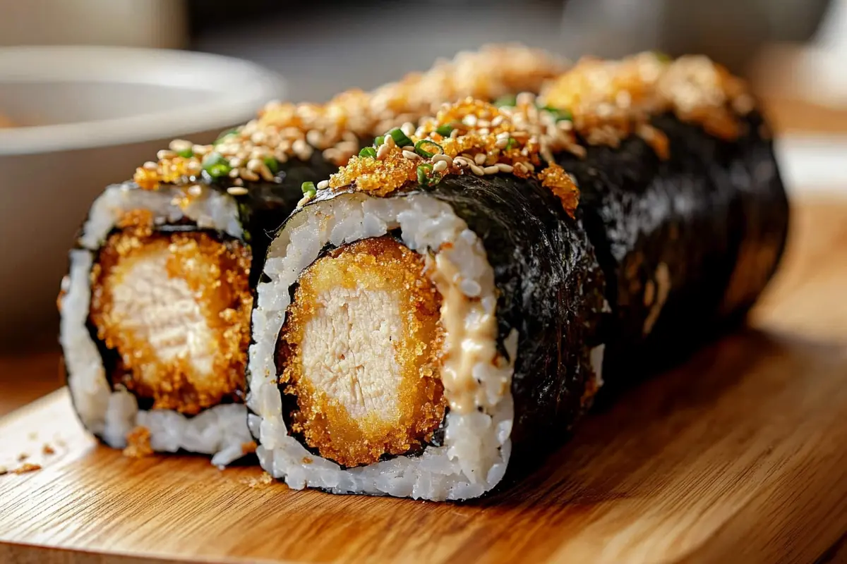 A close-up of a chicken tempura roll, showing crispy fried chicken wrapped in sushi rice and nori, drizzled with spicy mayo.