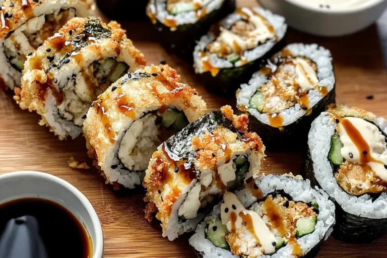 A close-up of a chicken tempura roll sliced into bite-sized pieces, showcasing crispy tempura-battered chicken, sushi rice, and nori.