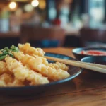 A close-up of crispy, golden tempura chicken served on a wooden plate with dipping sauces. The texture of the batter is light and airy, making the dish visually appealing. The background shows a blurred home kitchen setting.