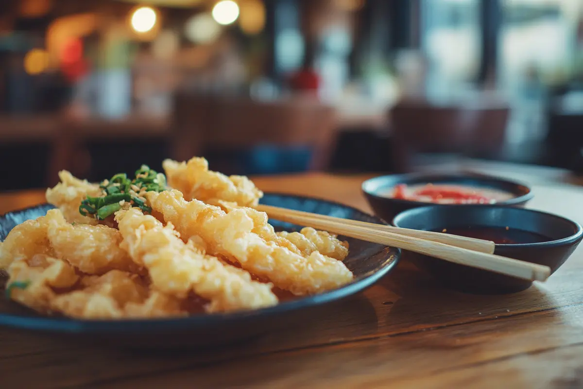 A close-up of crispy, golden tempura chicken served on a wooden plate with dipping sauces. The texture of the batter is light and airy, making the dish visually appealing. The background shows a blurred home kitchen setting.