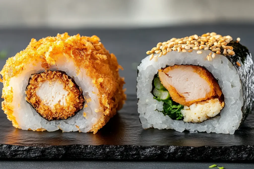 A side-by-side comparison of a deep-fried chicken tempura roll and a grilled chicken sushi roll, highlighting their textures and ingredients.