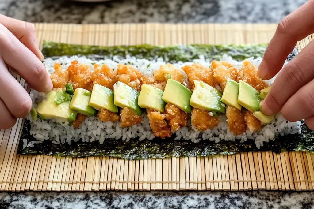 A home cook carefully rolling a chicken tempura roll on a bamboo sushi mat, layering crispy tempura chicken, sushi rice, and avocado on nori.