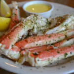 A plate of steaming snow crab legs served with lemon wedges and melted butter. The bright red-orange shells glisten under natural light. The perfect way to enjoy fresh, tender crab.