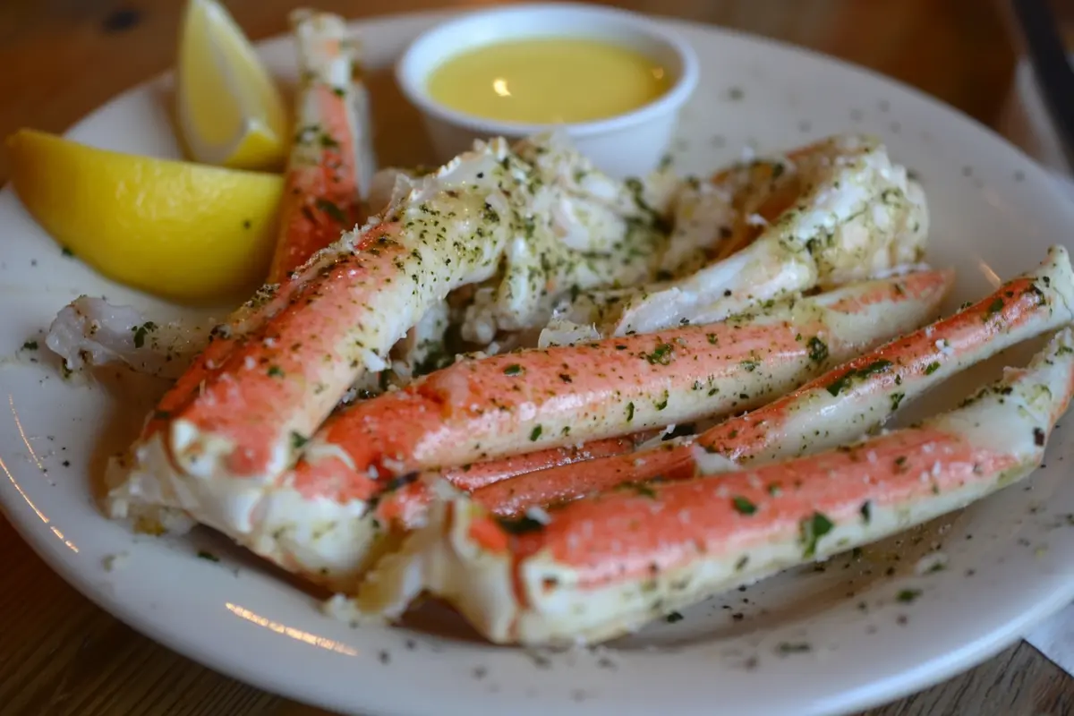 A plate of steaming snow crab legs served with lemon wedges and melted butter. The bright red-orange shells glisten under natural light. The perfect way to enjoy fresh, tender crab.