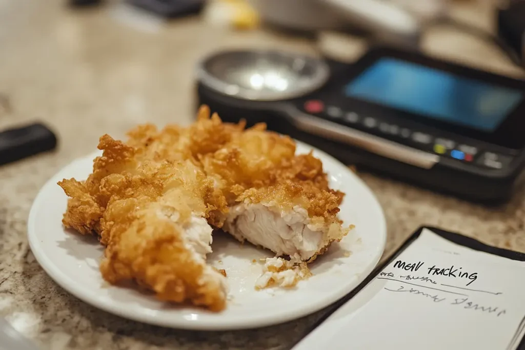 A partially eaten piece of tempura chicken on a white plate, showing its crispy batter and tender inside. A notepad with handwritten nutritional values is next to it.