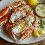 A plate of cooked snow crab legs, cracked open to reveal tender white meat, served with melted butter and lemon wedges.