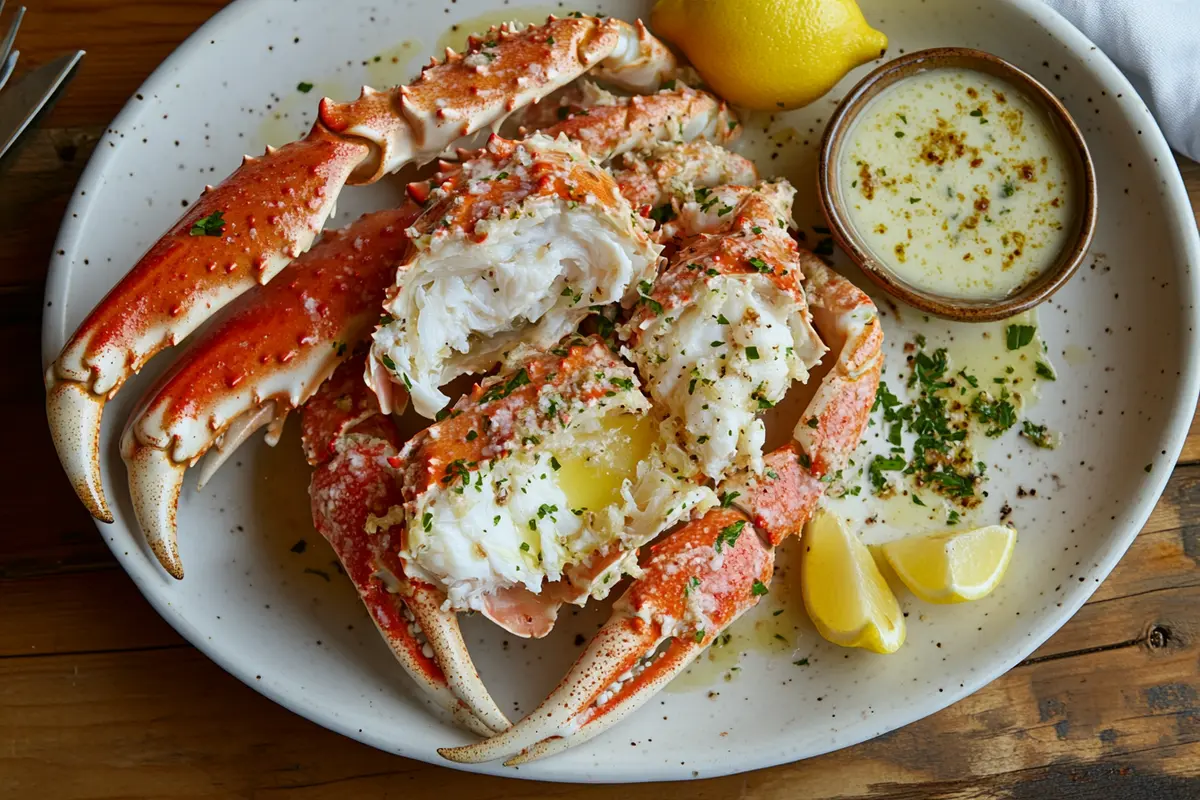 A plate of cooked snow crab legs, cracked open to reveal tender white meat, served with melted butter and lemon wedges.