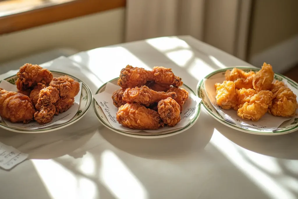 Is tempura chicken healthy? This side-by-side comparison shows tempura chicken, Southern fried chicken, and air-fried chicken, highlighting differences in texture and oil absorption.