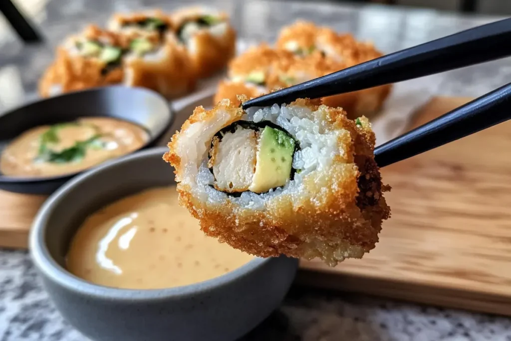 A piece of chicken tempura roll held by chopsticks, dipped into spicy mayo, highlighting the crispy chicken and sushi rice blend.