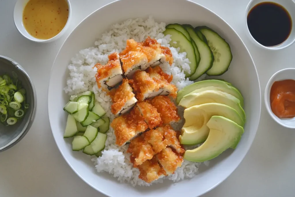 A deconstructed chicken tempura roll with fried chicken, avocado, sushi rice, and dipping sauces, showing its key ingredients.